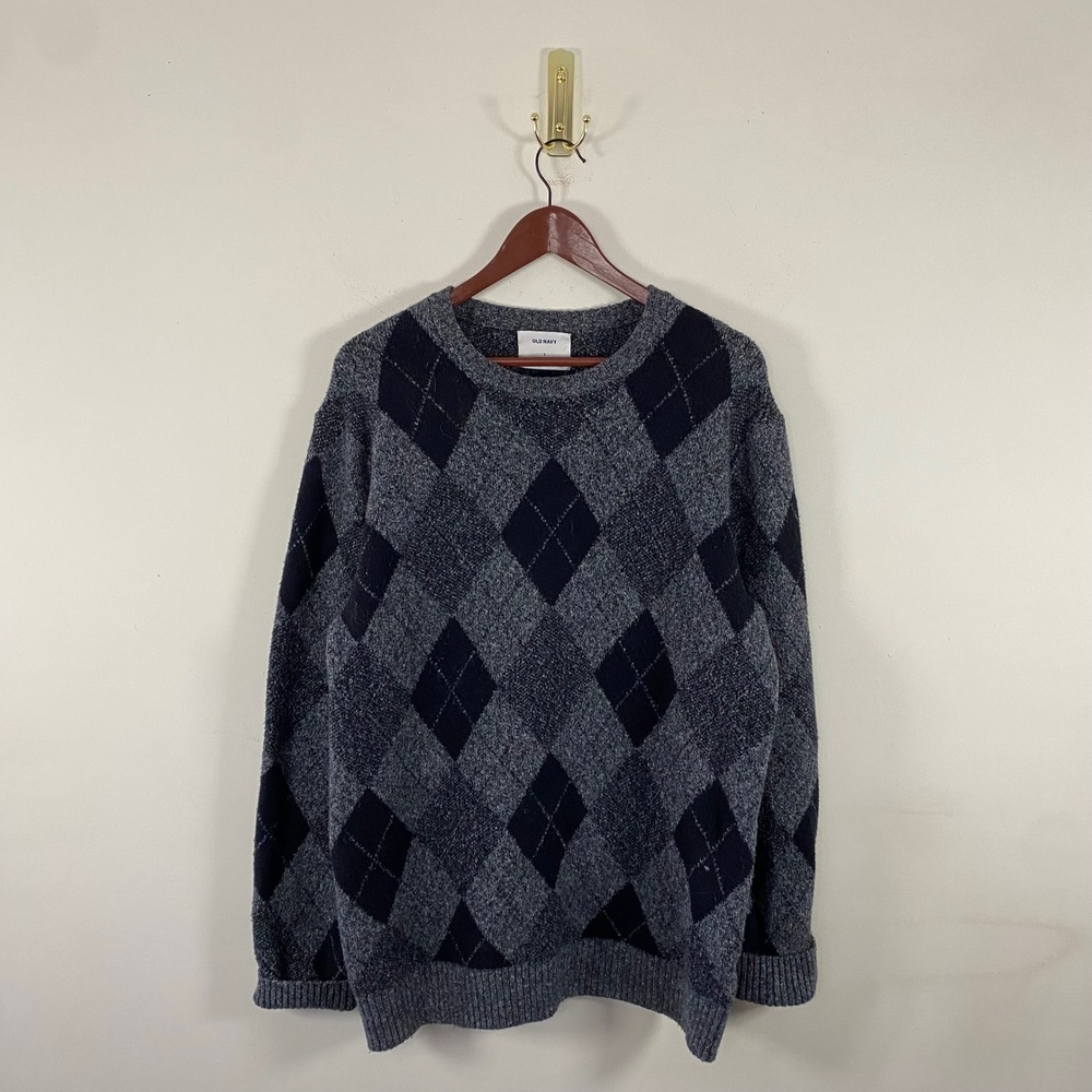 Old Navy Argyle Crewneck Sweater Gray Black Men's Large Dark Academia Preppy
